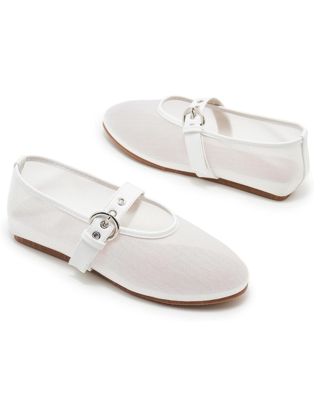 White Mary Jane Mesh Flats with Buckle Strap